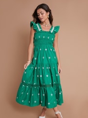 Another Sunday Green Shell Embroidered Shirred Bust Tiered Midi Dress - Image 1 of 2