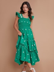 Another Sunday Green Shell Embroidered Shirred Bust Tiered Midi Dress - Image 2 of 2