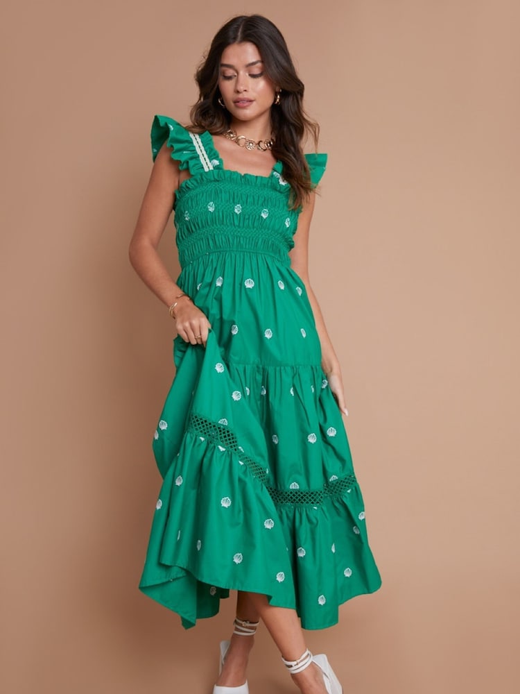 Another Sunday Green Shell Embroidered Shirred Bust Tiered Midi Dress - Image 2 of 2
