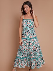 Another Sunday Green Strappy Tiered Printed Midi 100% Cotton Dress with Bead Trims - Image 1 of 1