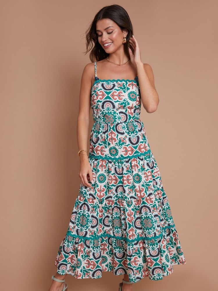 Another Sunday Green Strappy Tiered Printed Midi 100% Cotton Dress with Bead Trims - Image 1 of 1