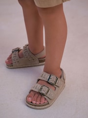 Stone Woven Suede Leather Double Buckle Cushioned Footbed Sandals - Image 1 of 6