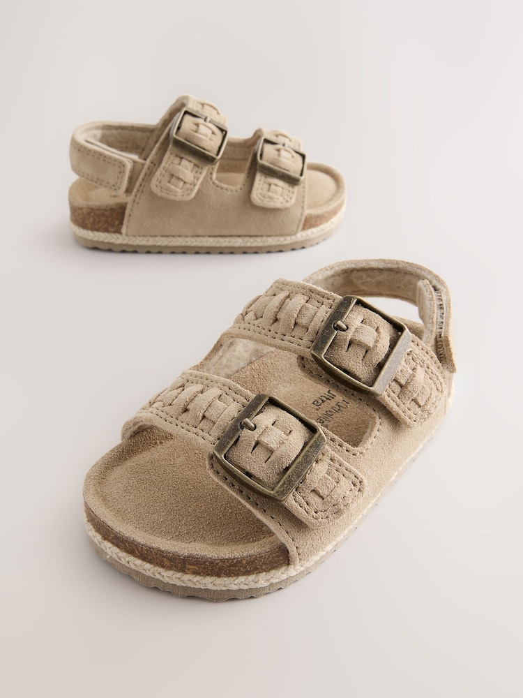 Stone Woven Suede Leather Double Buckle Cushioned Footbed Sandals - Image 2 of 6 Stone Woven Suede Leather Double Buckle Cushioned Footbed Sandals - Image 2 of 6
