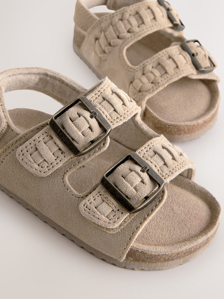 Stone Woven Suede Leather Double Buckle Cushioned Footbed Sandals - Image 5 of 5