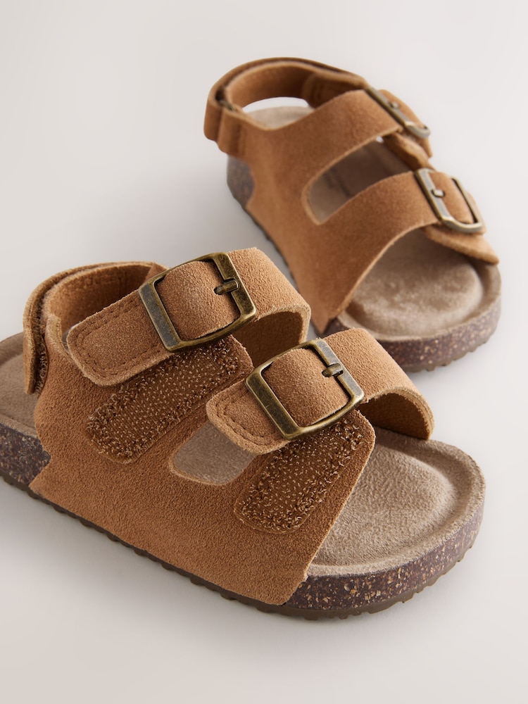 Tan Brown Standard Fit (F) Suede Leather Double Buckle Cushioned Footbed Sandals - Image 3 of 5