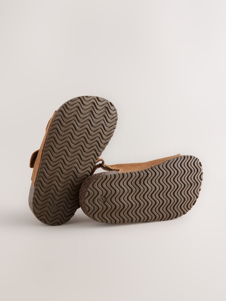 Tan Brown Standard Fit (F) Suede Leather Double Buckle Cushioned Footbed Sandals - Image 4 of 5