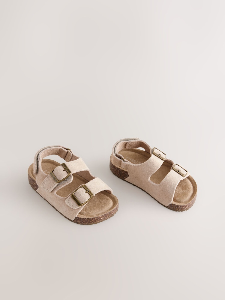 Neutral Standard Fit (F) Suede Leather Double Buckle Cushioned Footbed Sandals - Image 1 of 5
