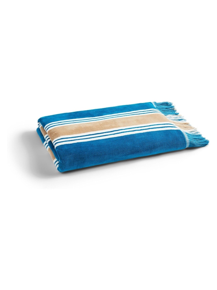 Christy Lagoon Teal College Stripe Fringed Beach Towel - Image 1 of 3