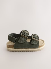 Khaki Green Standard Fit (F) Suede Leather Double Buckle Cushioned Footbed Sandals - Image 2 of 5