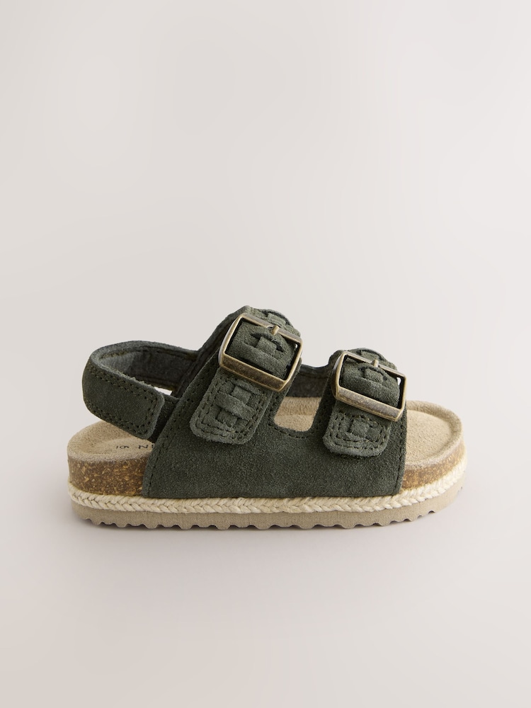 Khaki Green Standard Fit (F) Suede Leather Double Buckle Cushioned Footbed Sandals - Image 2 of 5