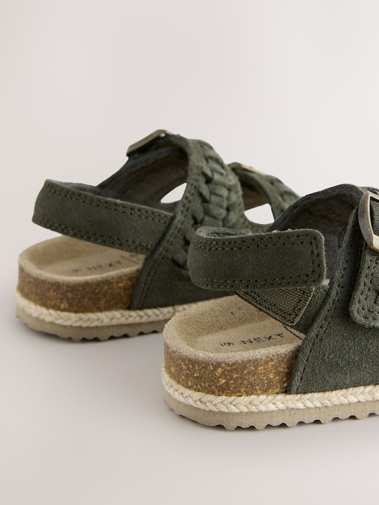 Khaki Green Standard Fit (F) Suede Leather Double Buckle Cushioned Footbed Sandals - Image 3 of 5