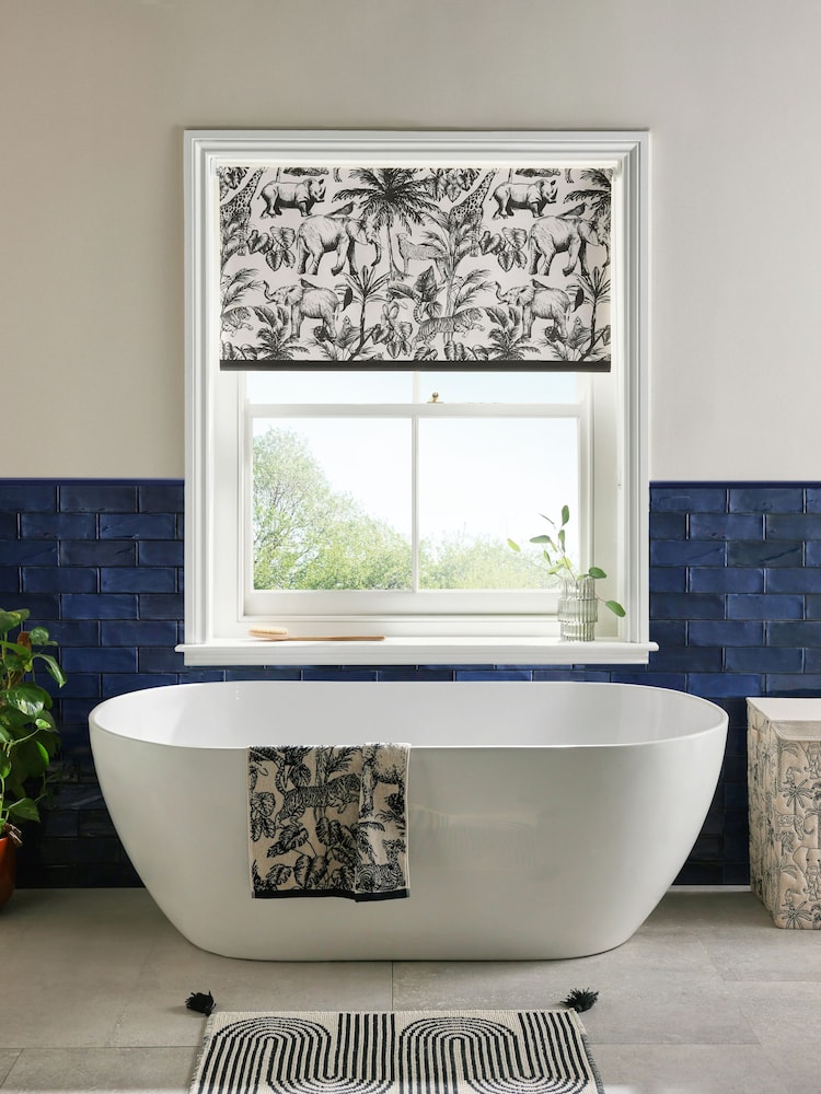 Monochrome Ready Made Blackout Bathroom Roller Blind Safari Print - Image 1 of 7