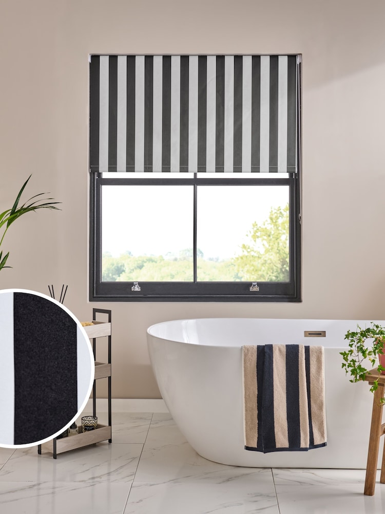 Monochrome Black Ready Made Blackout Roller Blind Stripe Print - Image 1 of 7