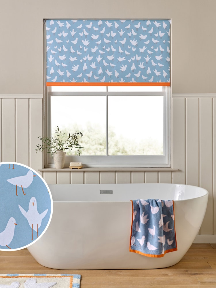 Blue Ready Made Blackout Bathroom Roller Blind Seagulls Print - Image 1 of 6