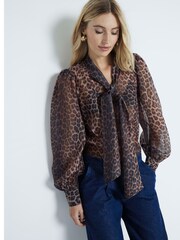 River Island Brown Leopard Print Bow Blouse - Image 1 of 4