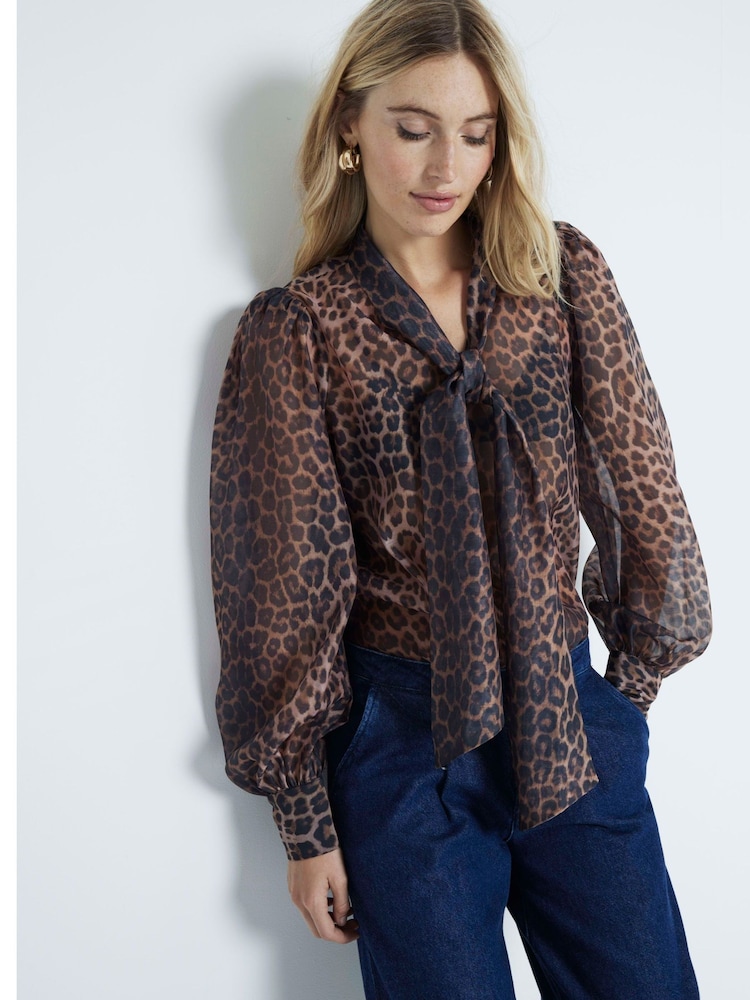 River Island Brown Leopard Print Bow Blouse - Image 1 of 4