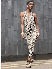 River Island Brown Halter Leopard Maxi Slip Dress - Image 1 of 4