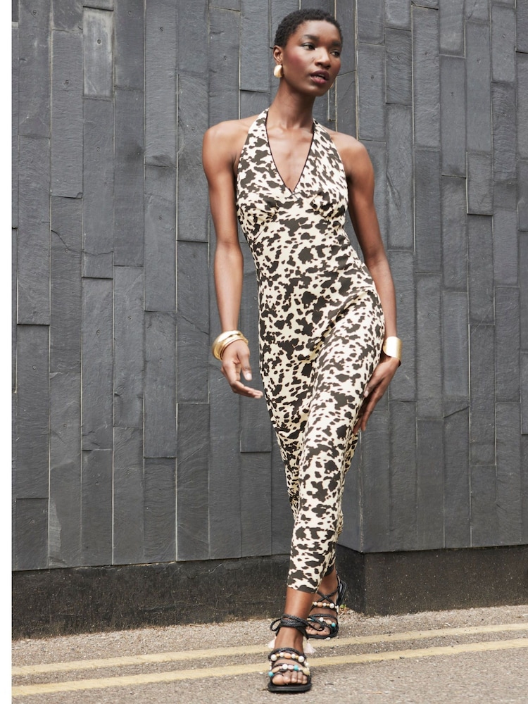 River Island Brown Halter Leopard Maxi Slip Dress - Image 1 of 4