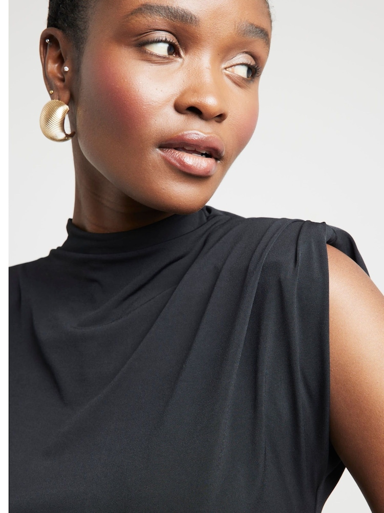 River Island Black Short Sleeve Slinky Shoulder Pad Top - Image 2 of 4 River Island Black Short Sleeve Slinky Shoulder Pad Top - Image 2 of 4