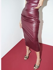River Island Burgundy Red Faux Leather Burgundy Drape Midi Skirt - Image 2 of 3
