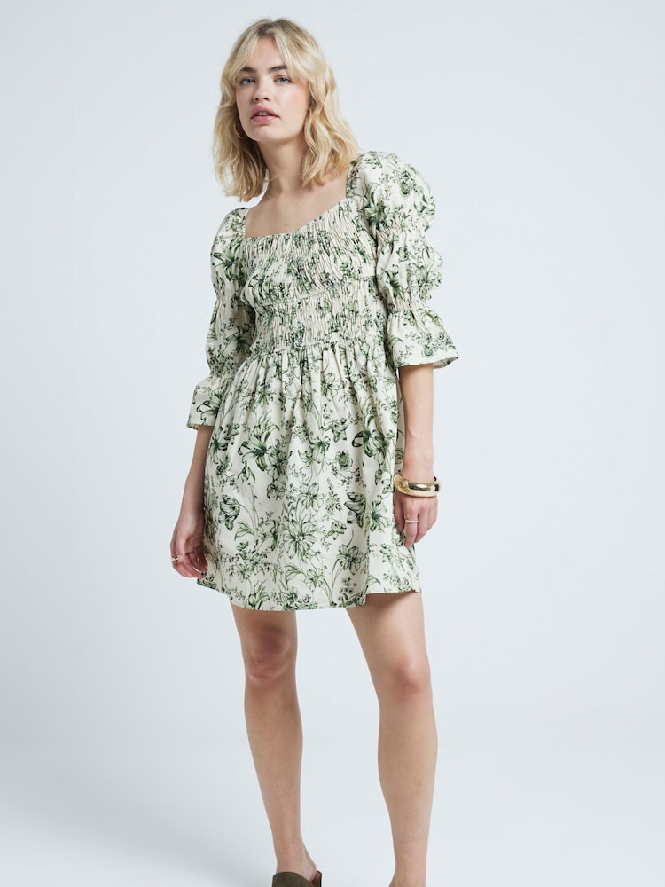 River Island Cream Shirred Mini Dress - Image 1 of 2