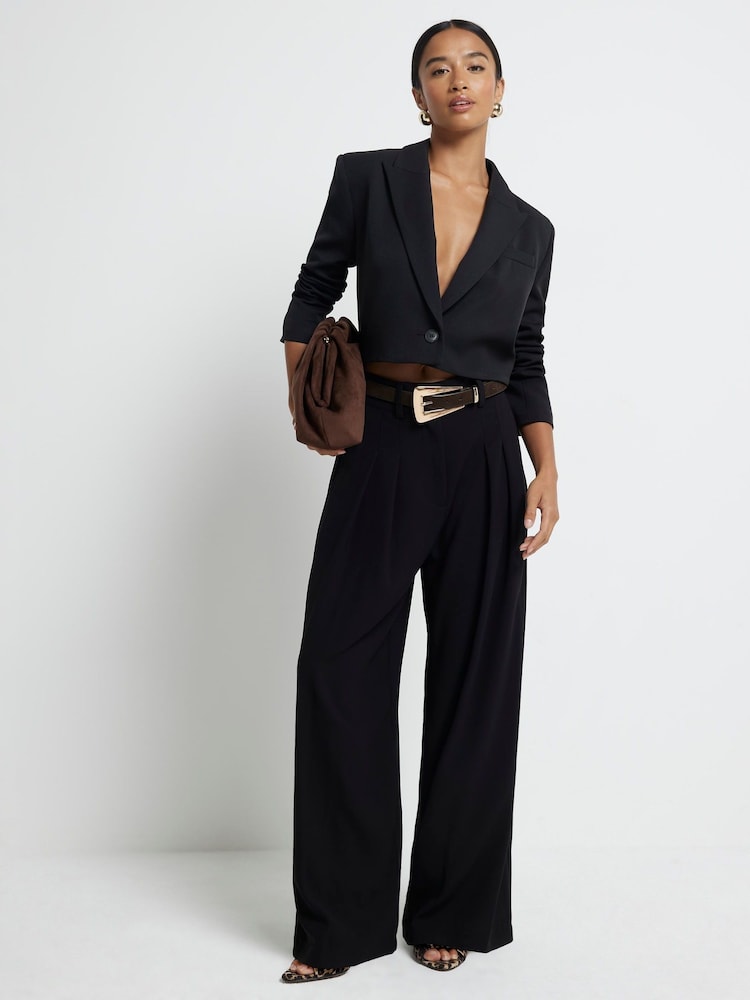 River Island Black Petite Easy Wide Leg Trousers - Image 1 of 5