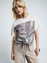 River Island Cream Leopard Print Knot Front 100% Cotton T-Shirt - Image 1 of 6