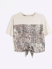 River Island Cream Leopard Print Knot Front 100% Cotton T-Shirt - Image 5 of 6