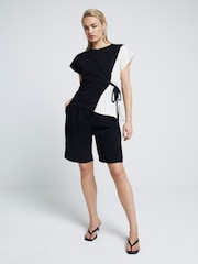 River Island Black Pleated Tie Side 100% Cotton T-Shirt - Image 1 of 6