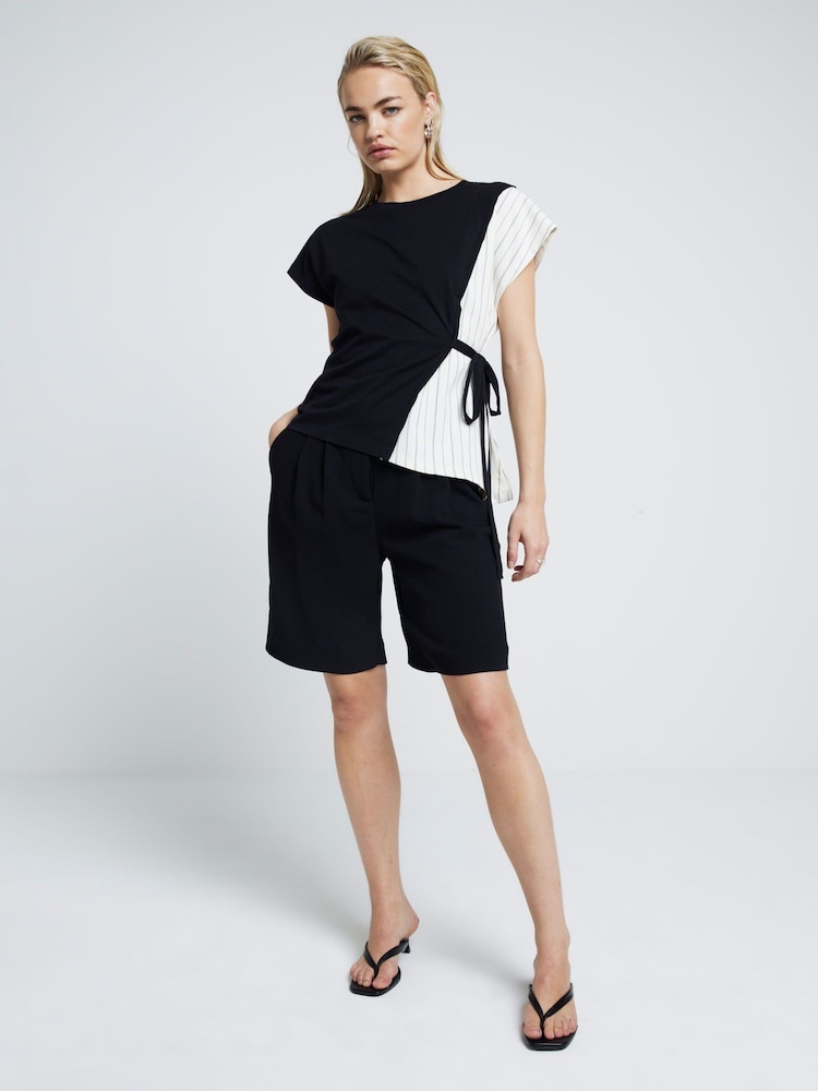 River Island Black Pleated Tie Side 100% Cotton T-Shirt - Image 1 of 6