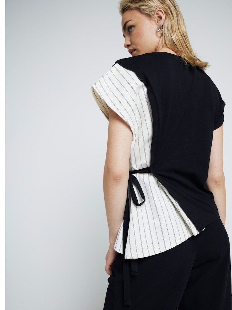 River Island Black Pleated Tie Side 100% Cotton T-Shirt - Image 2 of 6