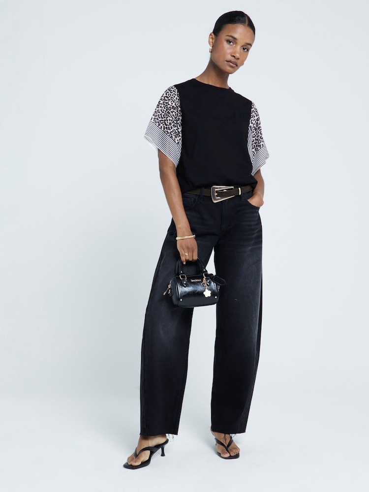 River Island Black Leopard Print Sleeve 100% Cotton T-Shirt - Image 1 of 5 River Island Black Leopard Print Sleeve 100% Cotton T-Shirt - Image 1 of 5