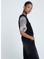 River Island Black Leopard Print Sleeve 100% Cotton T-Shirt - Image 3 of 5