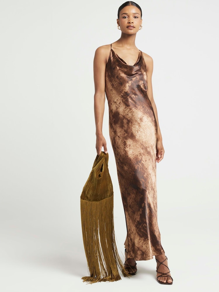 River Island Brown V-Neck Floral Slip Dress - Image 1 of 4 River Island Brown V-Neck Floral Slip Dress - Image 1 of 4
