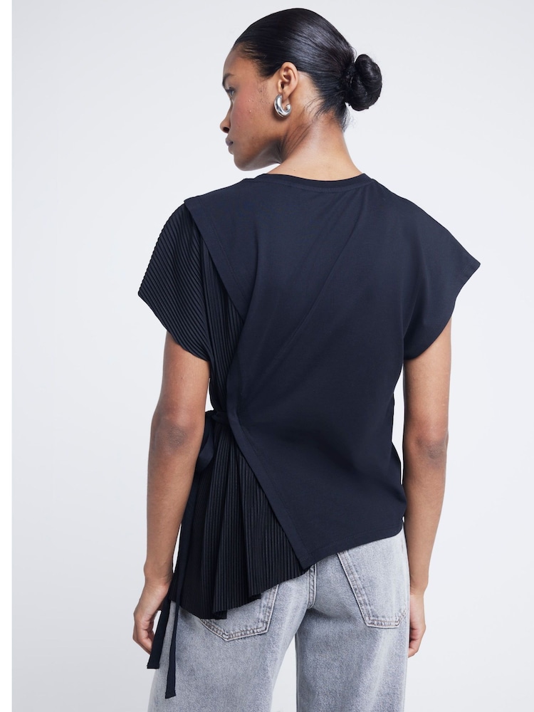 River Island Black Pleated Tie Side Plisse 100% Cotton T-Shirt - Image 2 of 4