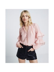 River Island Pink Ruffle Detail Button Shirt - Image 1 of 5