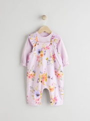 Purple Floral Stripe Long Sleeve Bodysuit & Baby Dungaree Set (0mths-3yrs) - Image 1 of 9