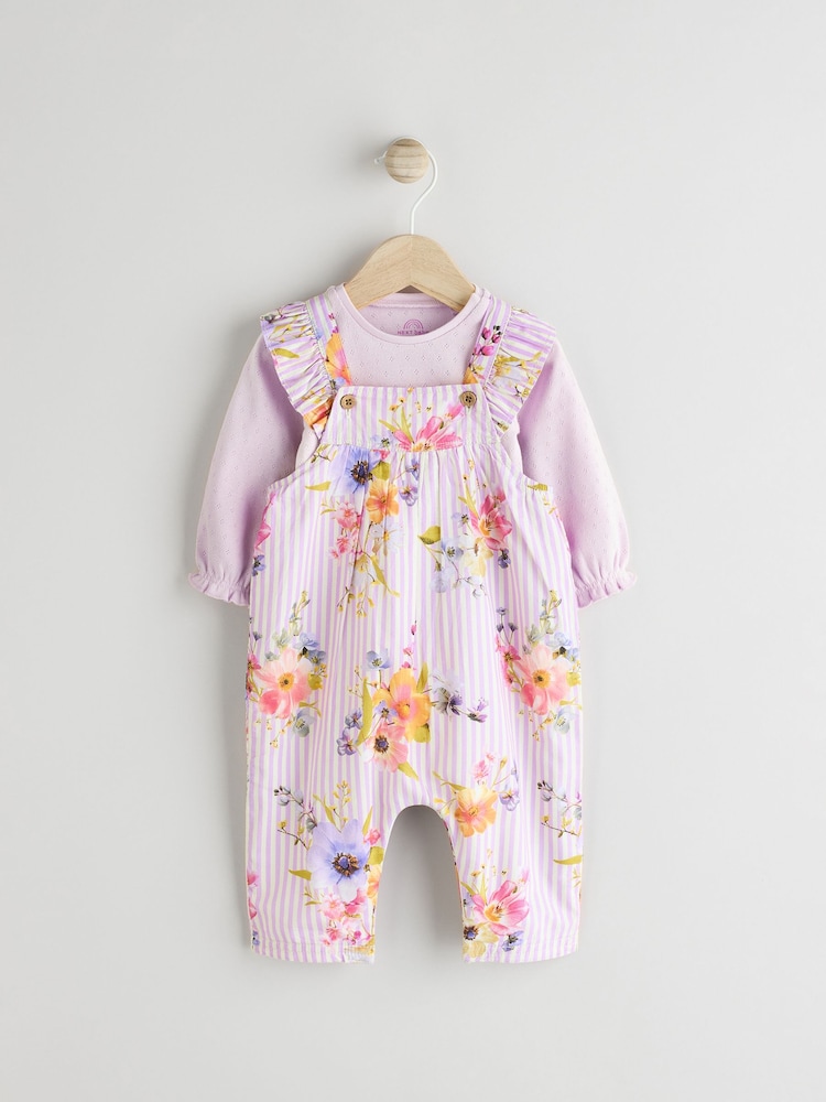 Purple Floral Stripe Long Sleeve Bodysuit & Baby Dungaree Set (0mths-3yrs) - Image 1 of 9
