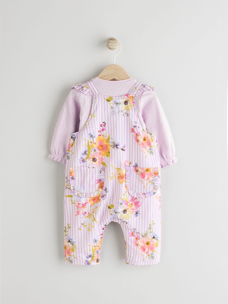 Purple Floral Stripe Long Sleeve Bodysuit & Baby Dungaree Set (0mths-3yrs) - Image 2 of 9