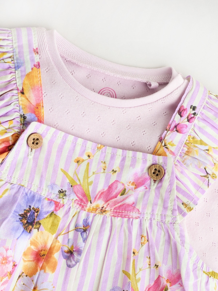 Purple Floral Stripe Long Sleeve Bodysuit & Baby Dungaree Set (0mths-3yrs) - Image 5 of 9