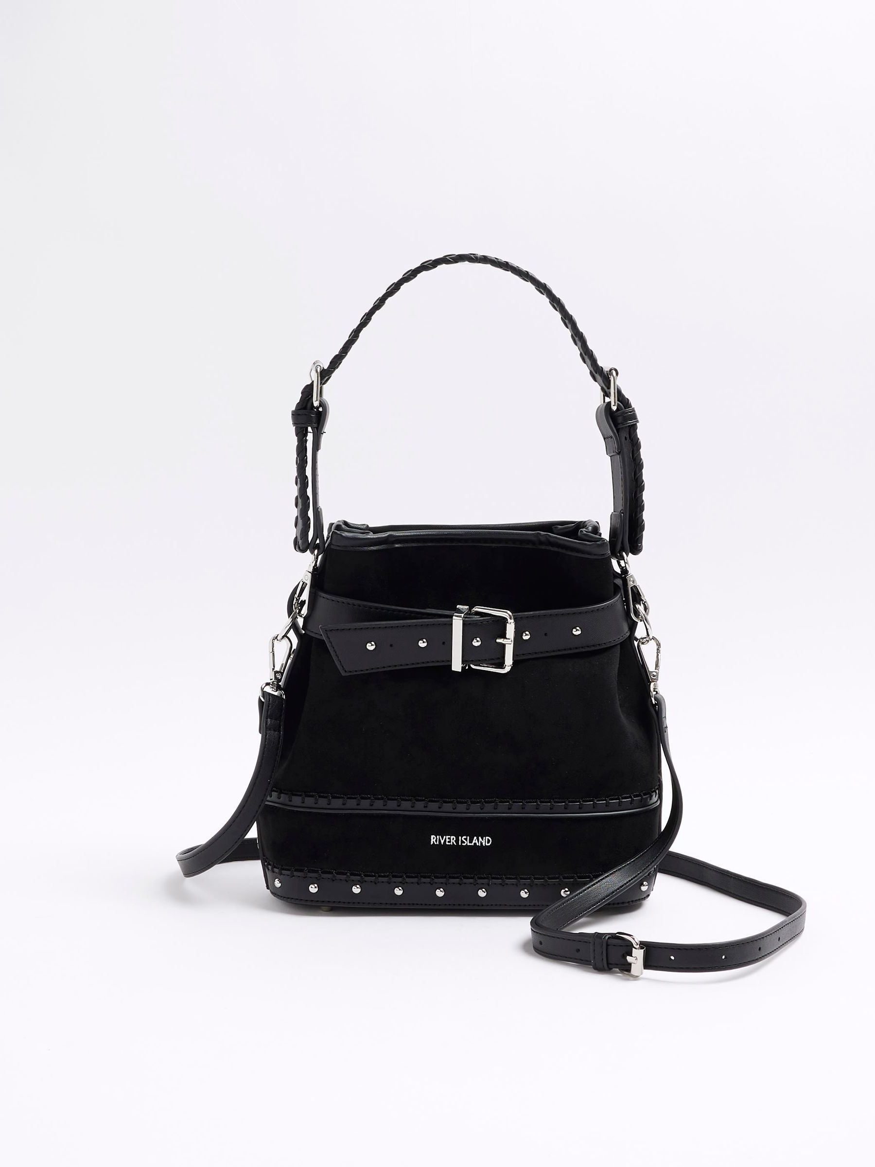 River Island Black Suedette Buckle Bucket Bag