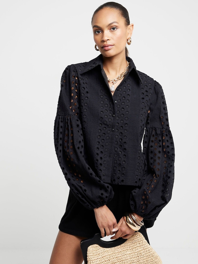 River Island Black Broderie Puff Sleeve Shirt - Image 1 of 4