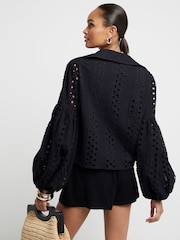 River Island Black Broderie Puff Sleeve Shirt - Image 2 of 4