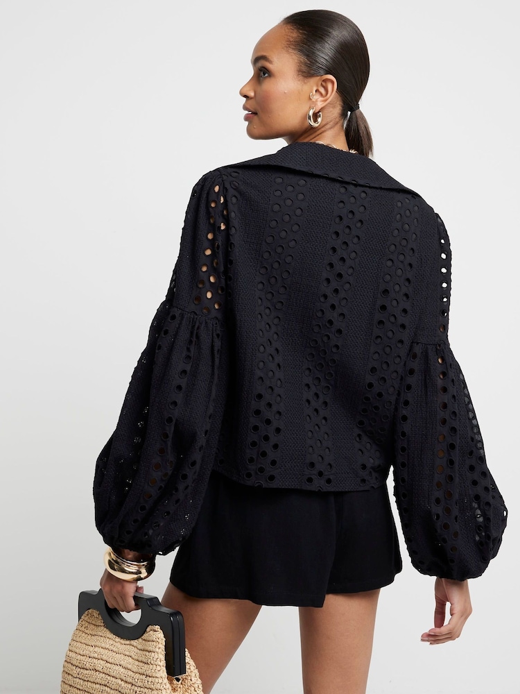 River Island Black Broderie Puff Sleeve Shirt - Image 2 of 4