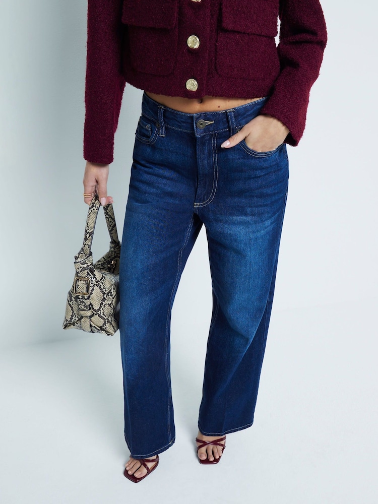 River Island Blue Petite High Waisted Relaxed Straight 100% Cotton Jeans - Image 1 of 6