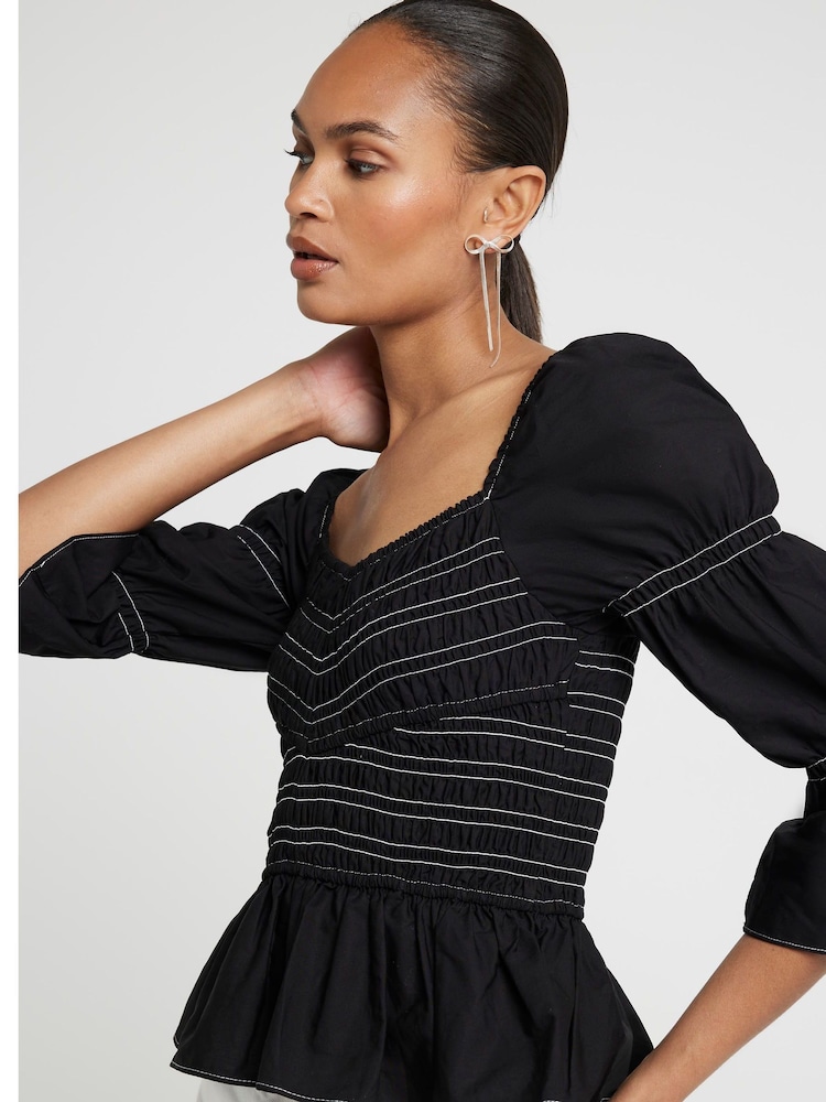 River Island Black Shirred V Detail Top - Image 2 of 5