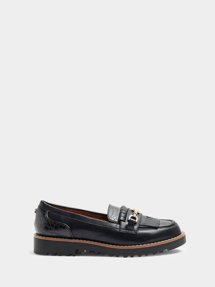 River Island Black Wide Fit Fringed Snaffle Loafers - Image 1 of 5