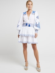 River Island Cream Shirred Rara 100% Cotton Mini Dress - Image 1 of 4