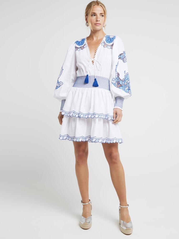 River Island Cream Shirred Rara 100% Cotton Mini Dress - Image 1 of 4