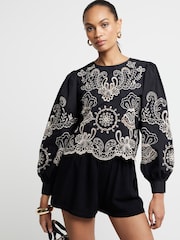 River Island Black Crew Neck Floral Print 100% Cotton Cutwork Top - Image 1 of 4
